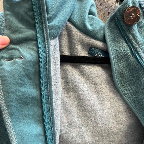 PrAna Kari Sweater / Jacket in Teal Green, Wool Blend + Fleece with Hood, Small - Picture 9 of 16